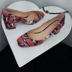 Wayderns Snakeskin Animal Print Block Heel Square Toe Bold Retro Kitten Heel 7